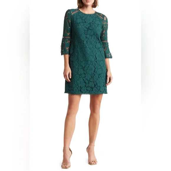 Vince Camuto Women's 3/4 Sleeve Crew Neck Solid Lace Shift Dress, Green, Cotton